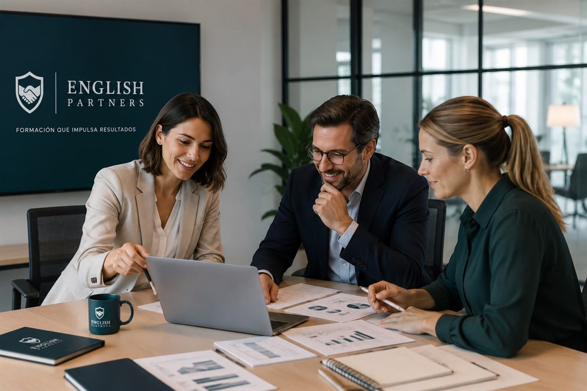Equipo de English Partners revisando el seguimiento y los informes de evolución de un programa